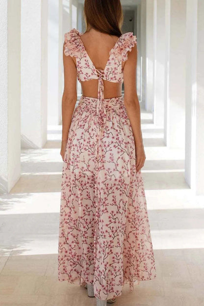 Women’s V-Neck Maxi Dress with Ruffle Sleeves and Floral Print