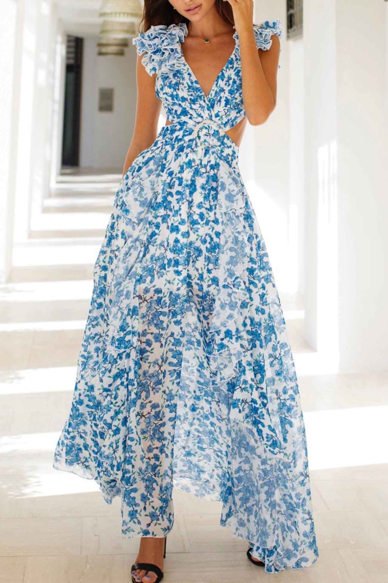 Women’s V-Neck Maxi Dress with Ruffle Sleeves and Floral Print