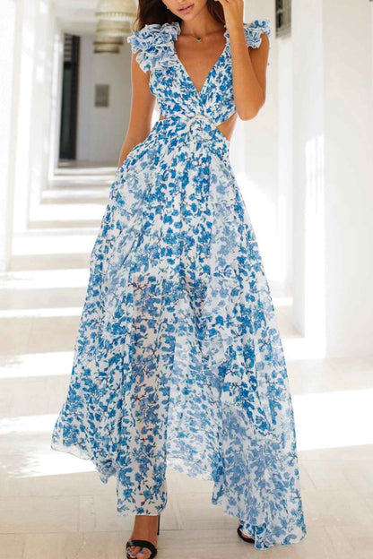 Women’s V-Neck Maxi Dress with Ruffle Sleeves and Floral Print