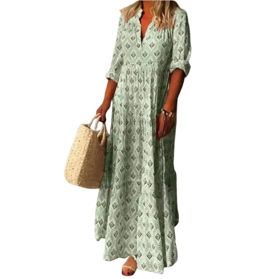 Women’s V-Neck Maxi Dress with 3/4 Sleeves and Gathered Waist