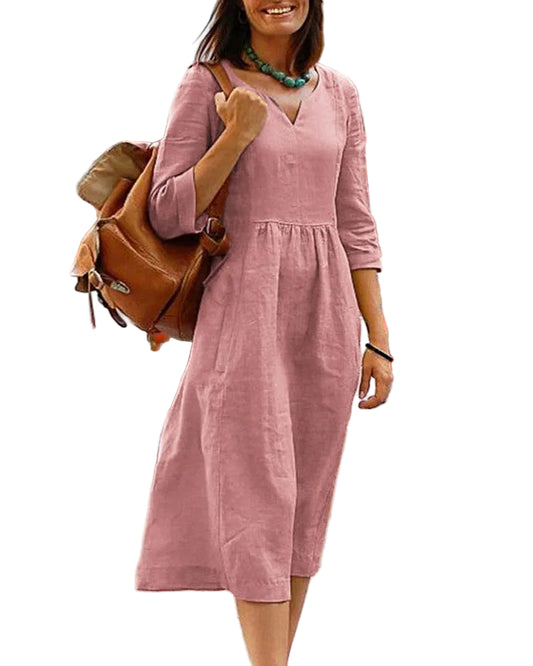 Women’s V-Neck Midi Dress with Elbow Length Sleeves