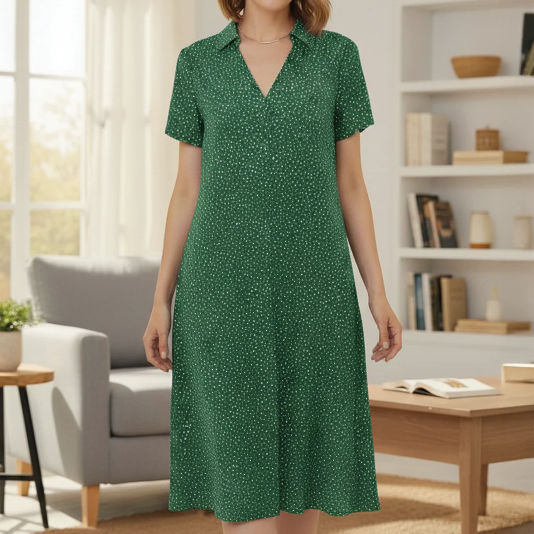 Women’s V-Neck Midi Dress with Short Sleeves and Patterned Design