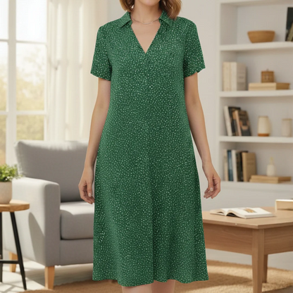 Women’s V-Neck Midi Dress with Short Sleeves and Patterned Design