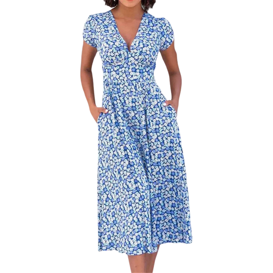 Women’s V-Neck Midi Dress with Short Sleeves and Side Pockets