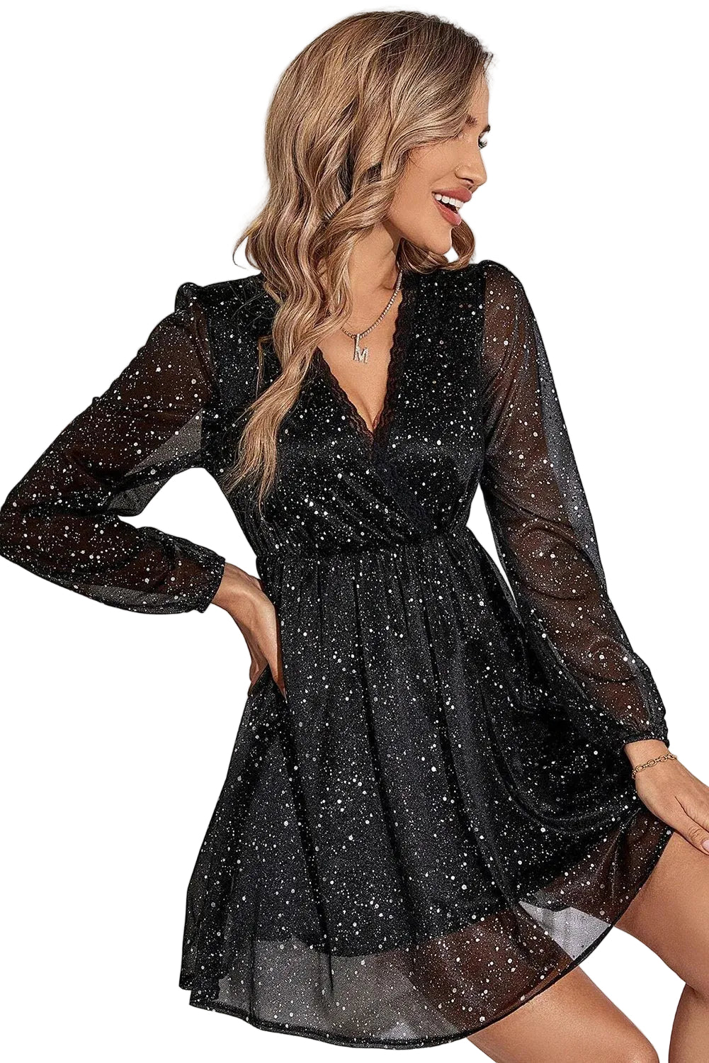 Women’s V-Neck Mini Dress with Sheer Long Sleeves and Glitter Design