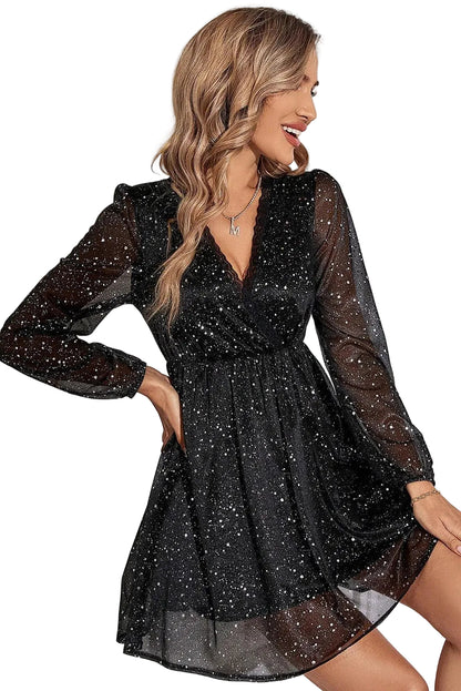 Women’s V-Neck Mini Dress with Sheer Long Sleeves and Glitter Design