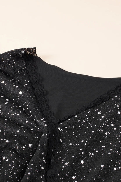 Women’s V-Neck Mini Dress with Sheer Long Sleeves and Glitter Design