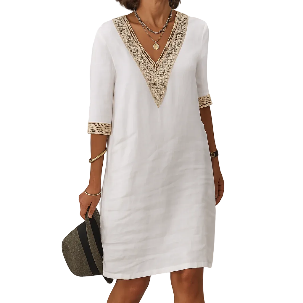 Women’s V-Neck Mini Dress with Three Quarter Sleeves and Crochet Trim