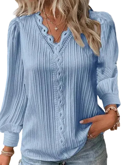 Women’s V-Neck Blouse with Decorative Lace Detail