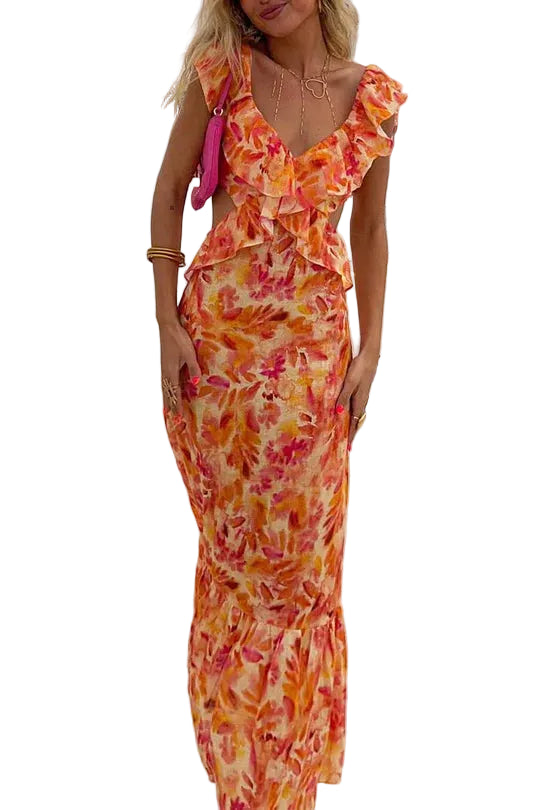 Women’s V-Neck Maxi Dress with Layered Ruffle Detail and Flared Hem