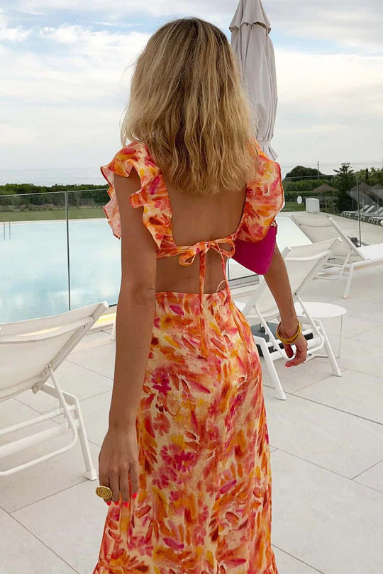 Women’s V-Neck Maxi Dress with Layered Ruffle Detail and Flared Hem