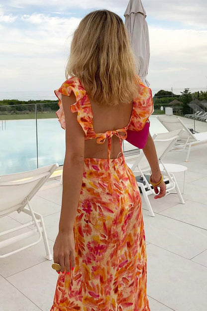 Women’s V-Neck Maxi Dress with Layered Ruffle Detail and Flared Hem