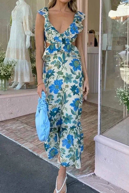 Women’s V-Neck Maxi Dress with Layered Ruffle Detail and Flared Hem