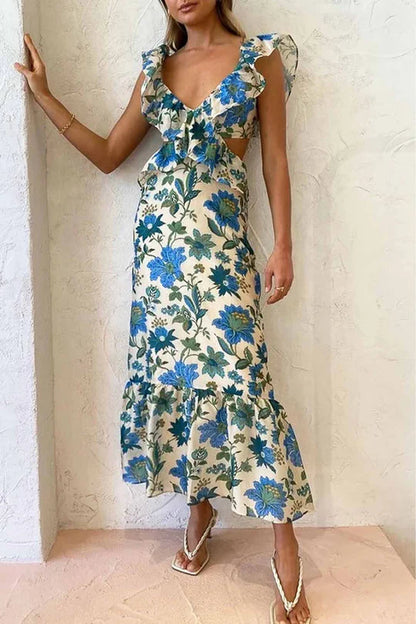 Women’s V-Neck Maxi Dress with Layered Ruffle Detail and Flared Hem