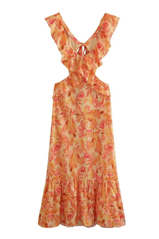 Women’s V-Neck Maxi Dress with Layered Ruffle Detail and Flared Hem