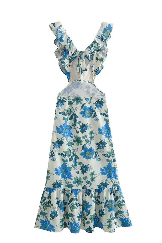 Women’s V-Neck Maxi Dress with Layered Ruffle Detail and Flared Hem