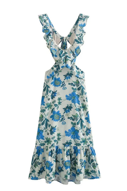 Women’s V-Neck Maxi Dress with Layered Ruffle Detail and Flared Hem
