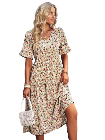 Women’s V-Neck Midi Dress with Floral Print and Gathered Waist