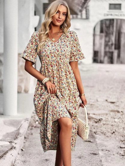 Women’s V-Neck Midi Dress with Floral Print and Gathered Waist