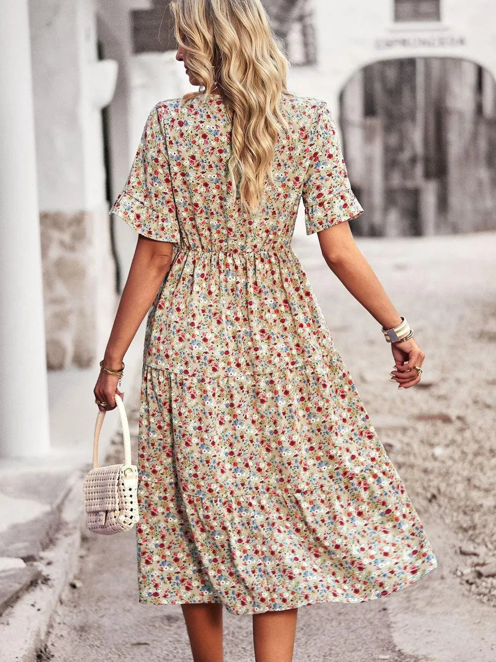 Women’s V-Neck Midi Dress with Floral Print and Gathered Waist