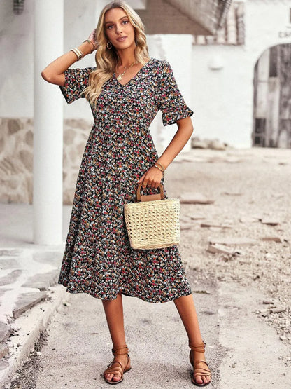 Women’s V-Neck Midi Dress with Floral Print and Gathered Waist