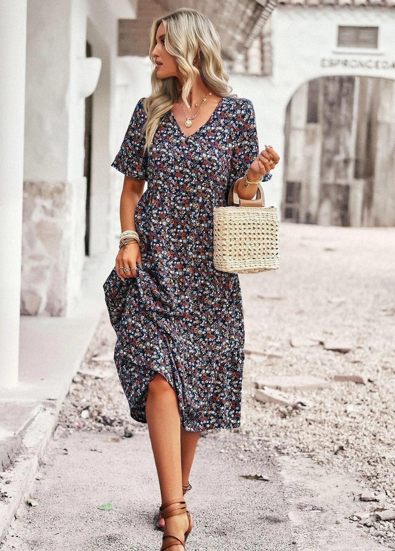 Women’s V-Neck Midi Dress with Floral Print and Gathered Waist