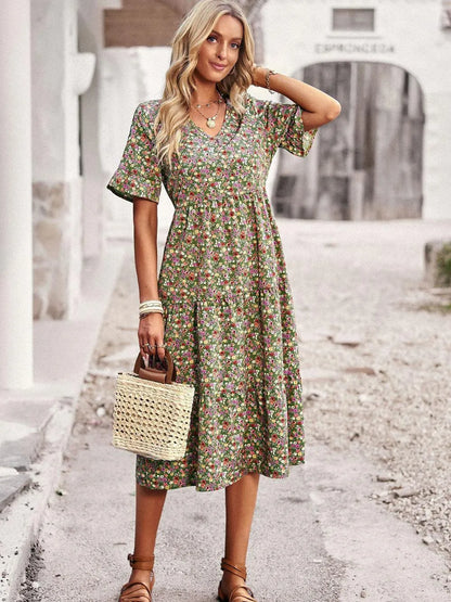 Women’s V-Neck Midi Dress with Floral Print and Gathered Waist