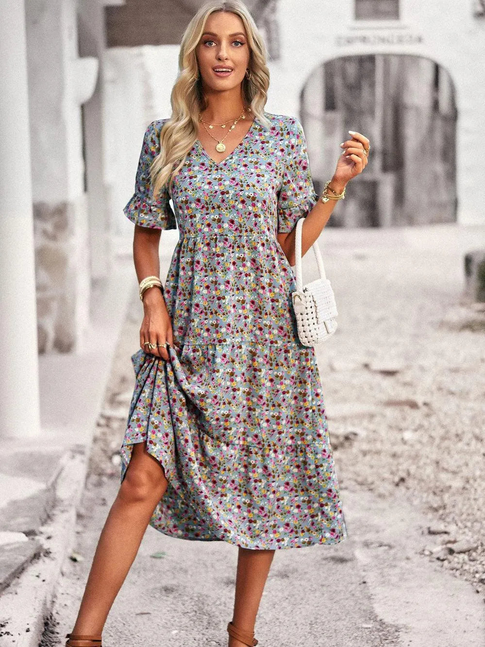 Women’s V-Neck Midi Dress with Floral Print and Gathered Waist