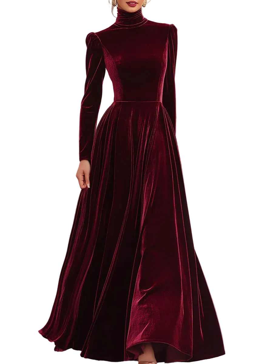 Women’s Velvet Turtleneck Long Sleeve A-Line Maxi Dress