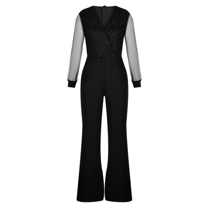 Women’s Wide-Leg Jumpsuit with V-Neckline and Long Sleeves