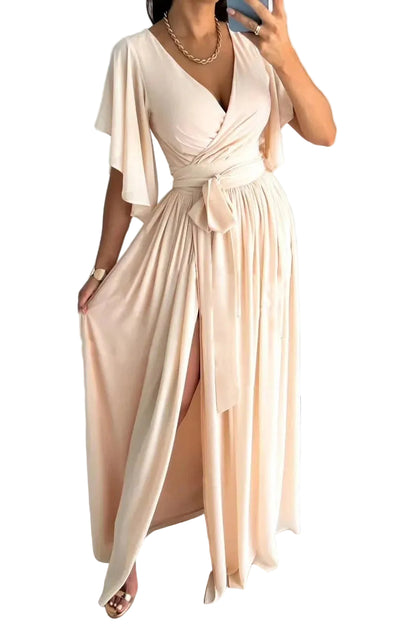 Women’s Wrap Front Maxi Dress with V-Neck and Waist Tie
