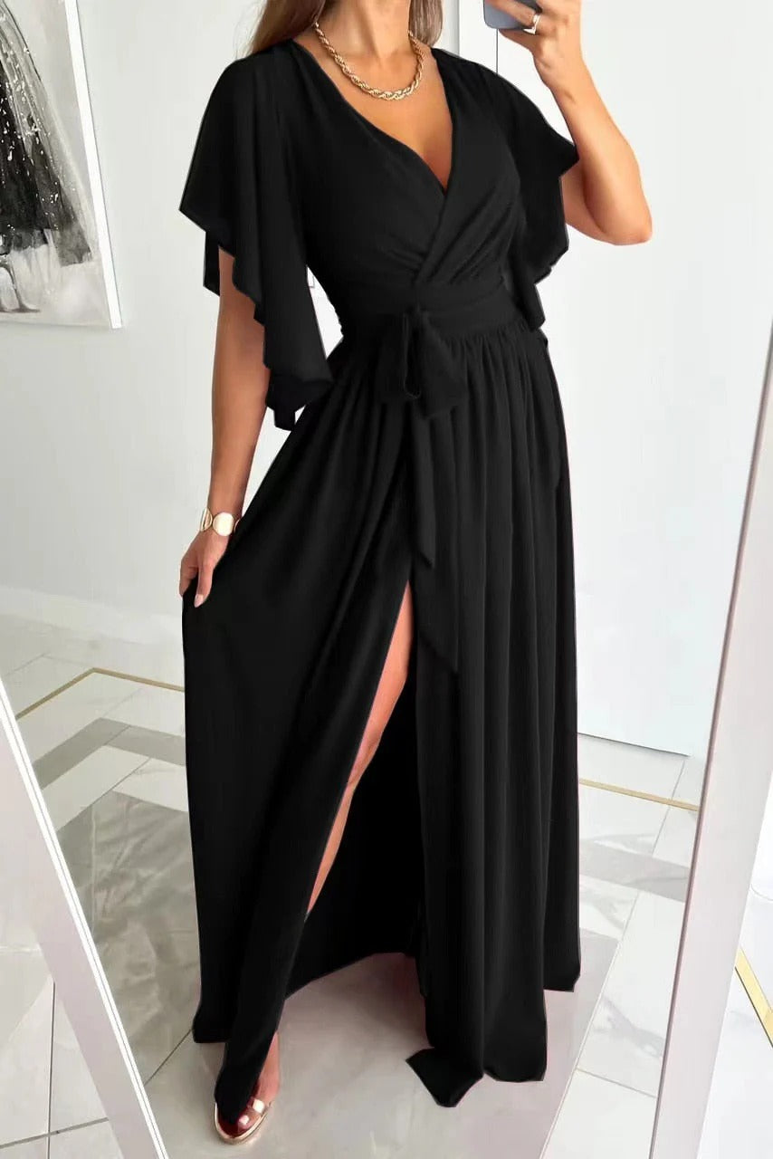 Women’s Wrap Front Maxi Dress with V-Neck and Waist Tie